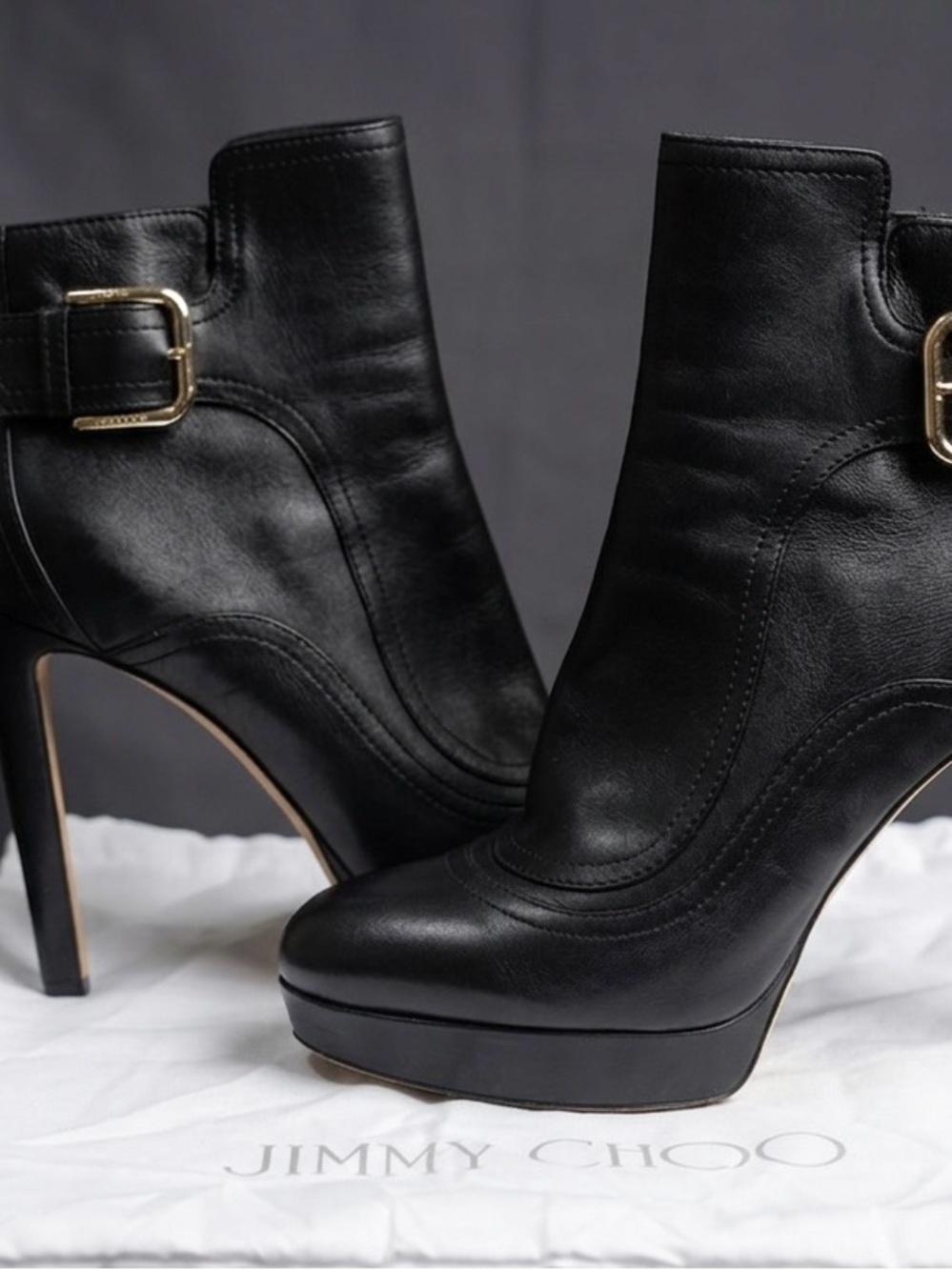 Jimmy Choo Black Leather Buckle Platform Ankle Boots